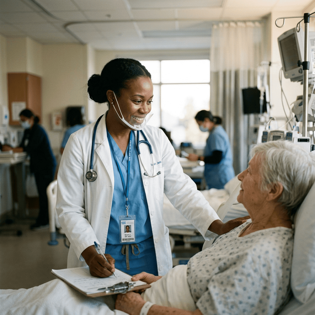 Doctor writing notes while reassuring an elderly hospital patient
